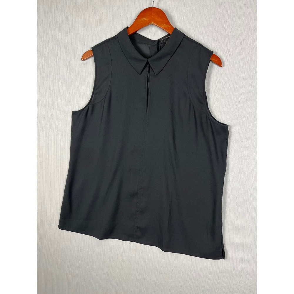 Ann Taylor Blouse Womens L Black Sleeveless Keyhole Collar Career Office
